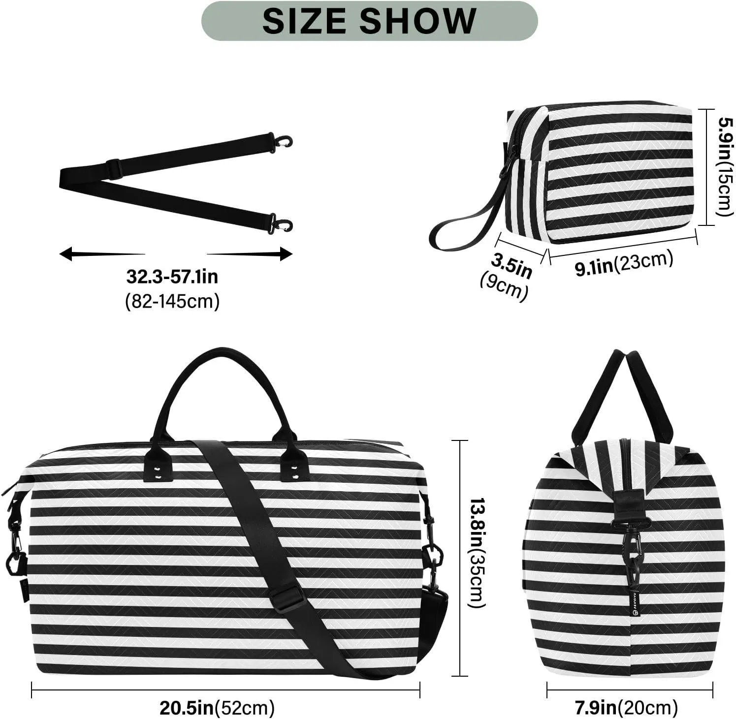 Aslsiy Travel Duffel Bags for Women White and Black Line Sports Duffel Bags Weekender Bags Gym Bag with Toiletry Bag Carry on Overnight Bag