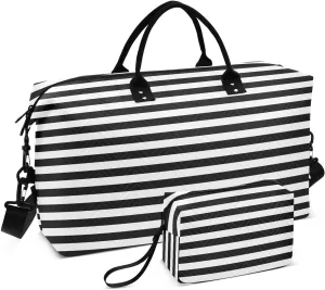 Aslsiy Travel Duffel Bags for Women White and Black Line Sports Duffel Bags Weekender Bags Gym Bag with Toiletry Bag Carry on Overnight Bag