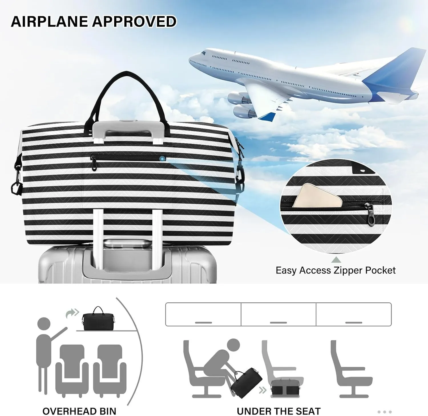 Aslsiy Travel Duffel Bags for Women White and Black Line Sports Duffel Bags Weekender Bags Gym Bag with Toiletry Bag Carry on Overnight Bag