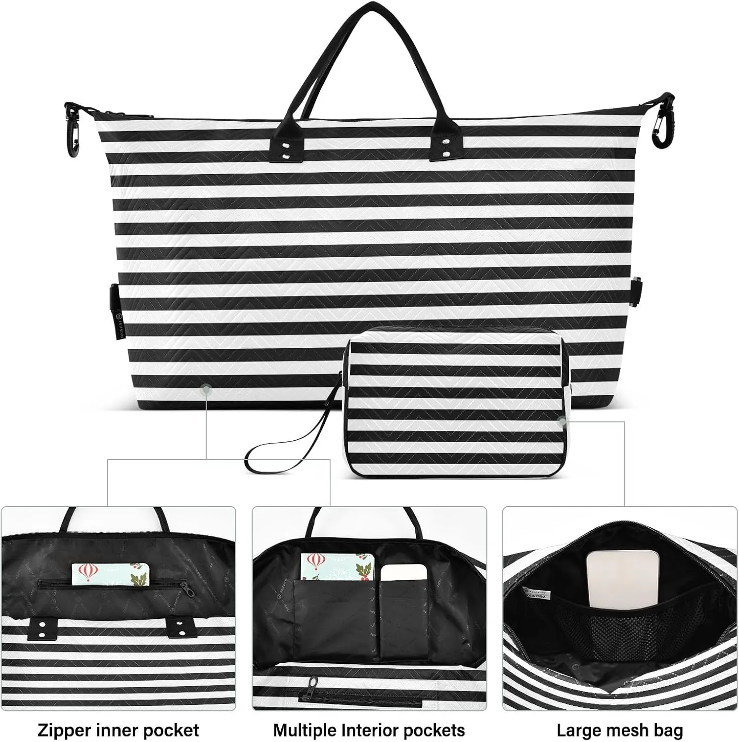 Aslsiy Travel Duffel Bags for Women White and Black Line Sports Duffel Bags Weekender Bags Gym Bag with Toiletry Bag Carry on Overnight Bag