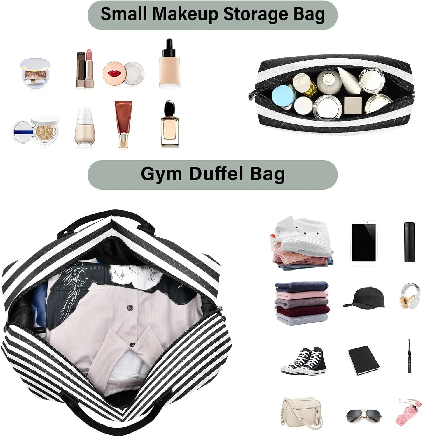 Aslsiy Travel Duffel Bags for Women White and Black Line Sports Duffel Bags Weekender Bags Gym Bag with Toiletry Bag Carry on Overnight Bag
