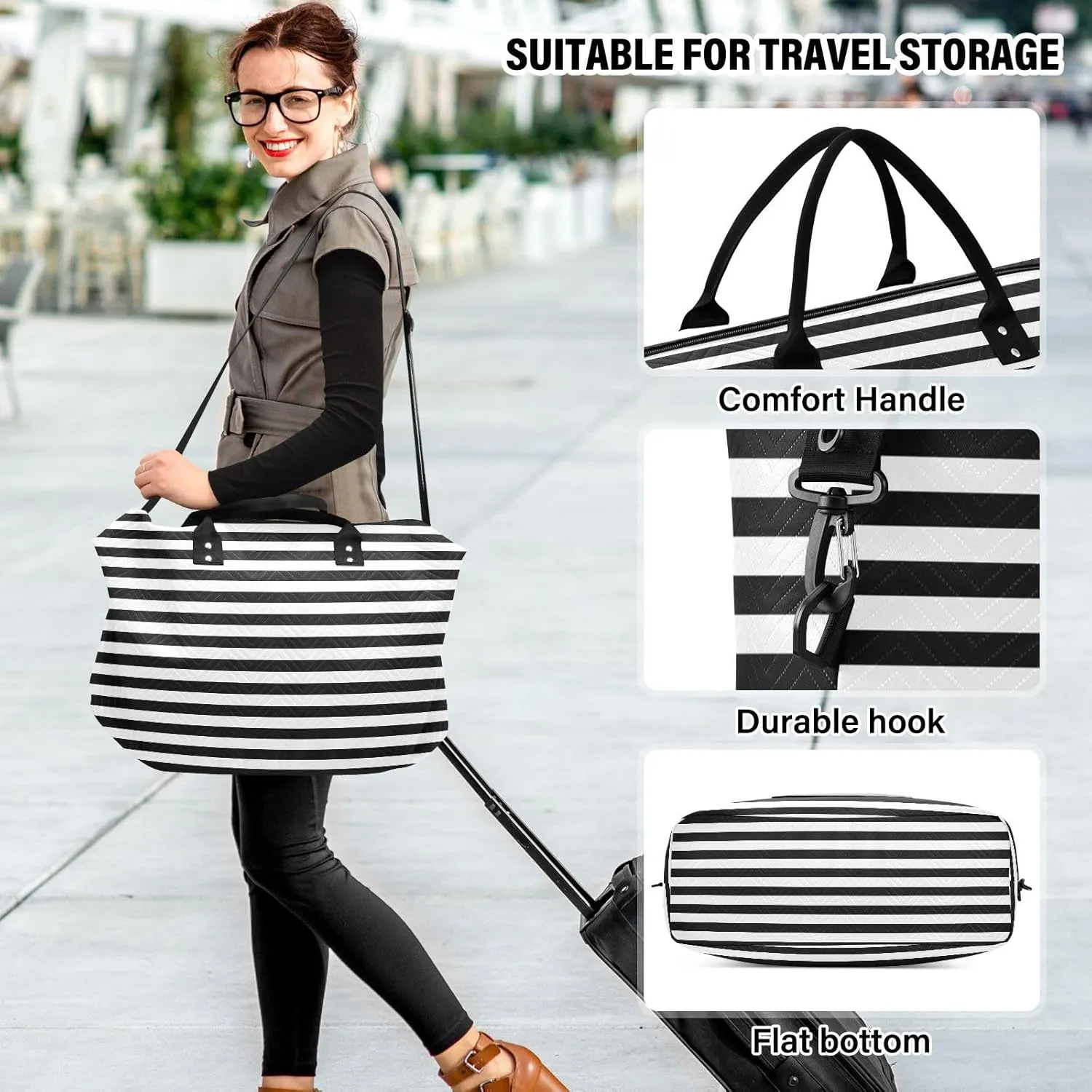 Aslsiy Travel Duffel Bags for Women White and Black Line Sports Duffel Bags Weekender Bags Gym Bag with Toiletry Bag Carry on Overnight Bag