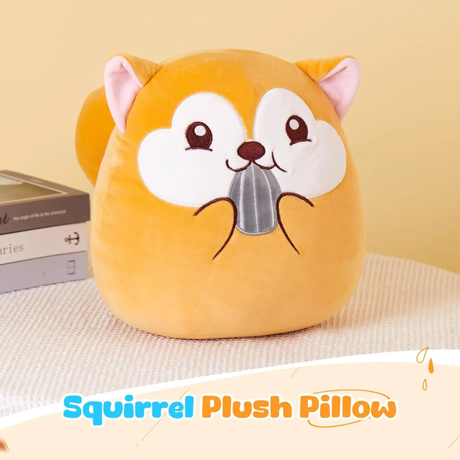 Athionsu 12-Inch Squirrel Plush Pillow Cute Stuffed Animal Pillow with Chubby Cheeks and Acorn, Soft and Squishy Plush Toy Cushion for Toddler Kids Boys and Girls