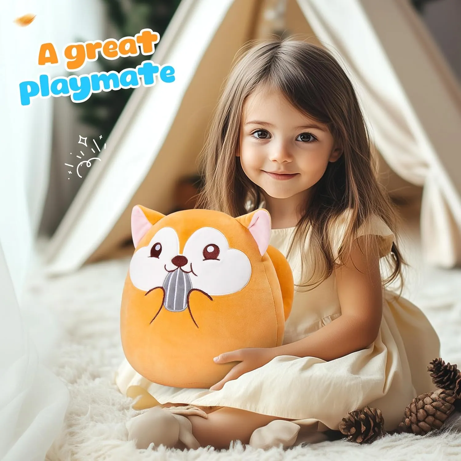 Athionsu 12-Inch Squirrel Plush Pillow Cute Stuffed Animal Pillow with Chubby Cheeks and Acorn, Soft and Squishy Plush Toy Cushion for Toddler Kids Boys and Girls