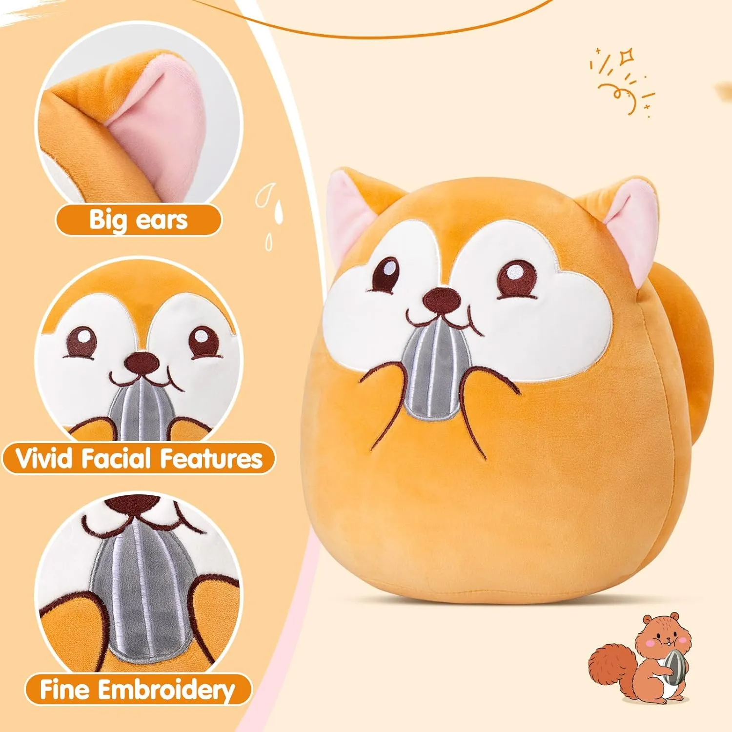 Athionsu 12-Inch Squirrel Plush Pillow Cute Stuffed Animal Pillow with Chubby Cheeks and Acorn, Soft and Squishy Plush Toy Cushion for Toddler Kids Boys and Girls