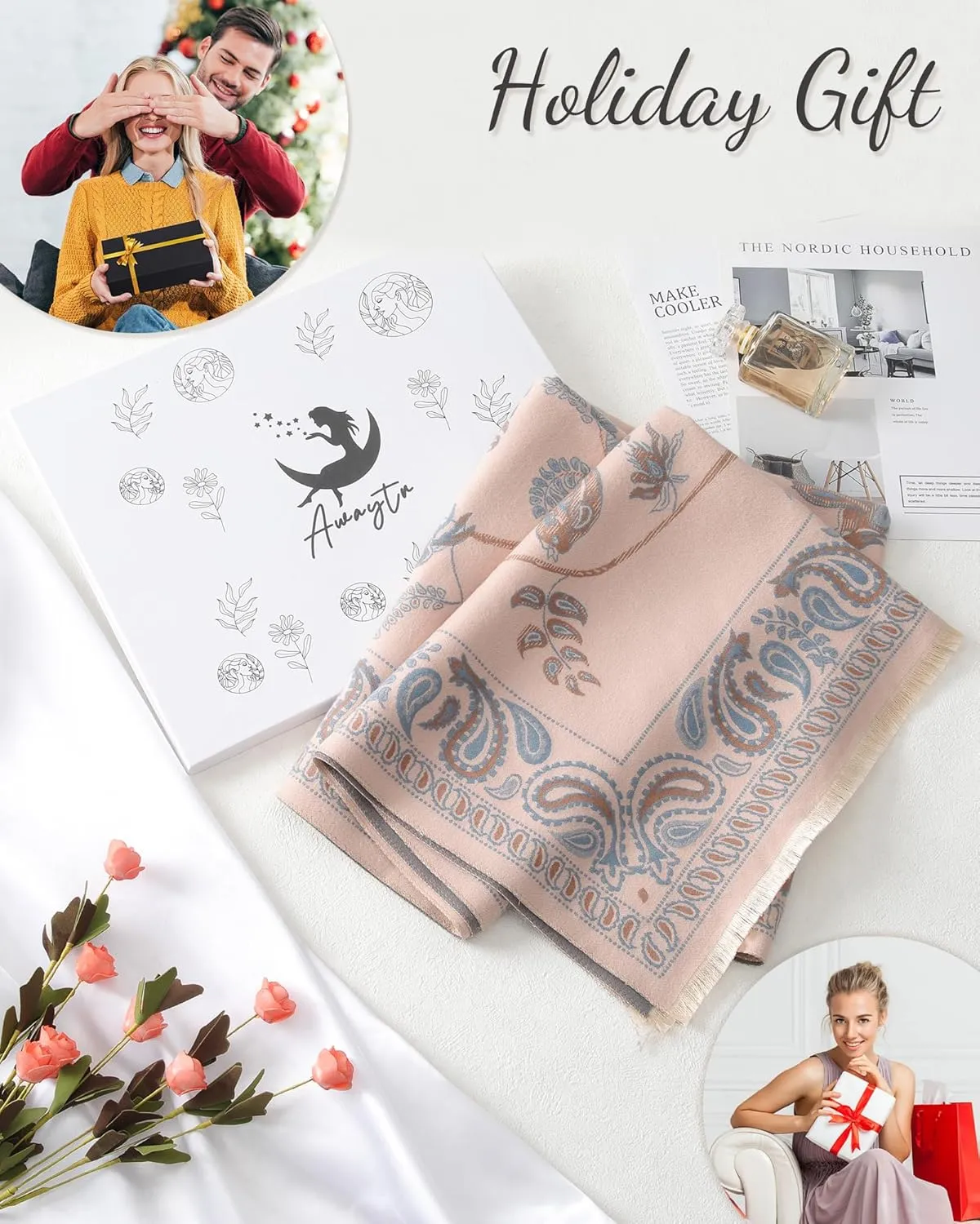 AWAYTR Pashmina Shawls Wraps for Women - Cashew Flower Winter Warm Big Scarf for Women Shawls and Wraps for Evening Dresses