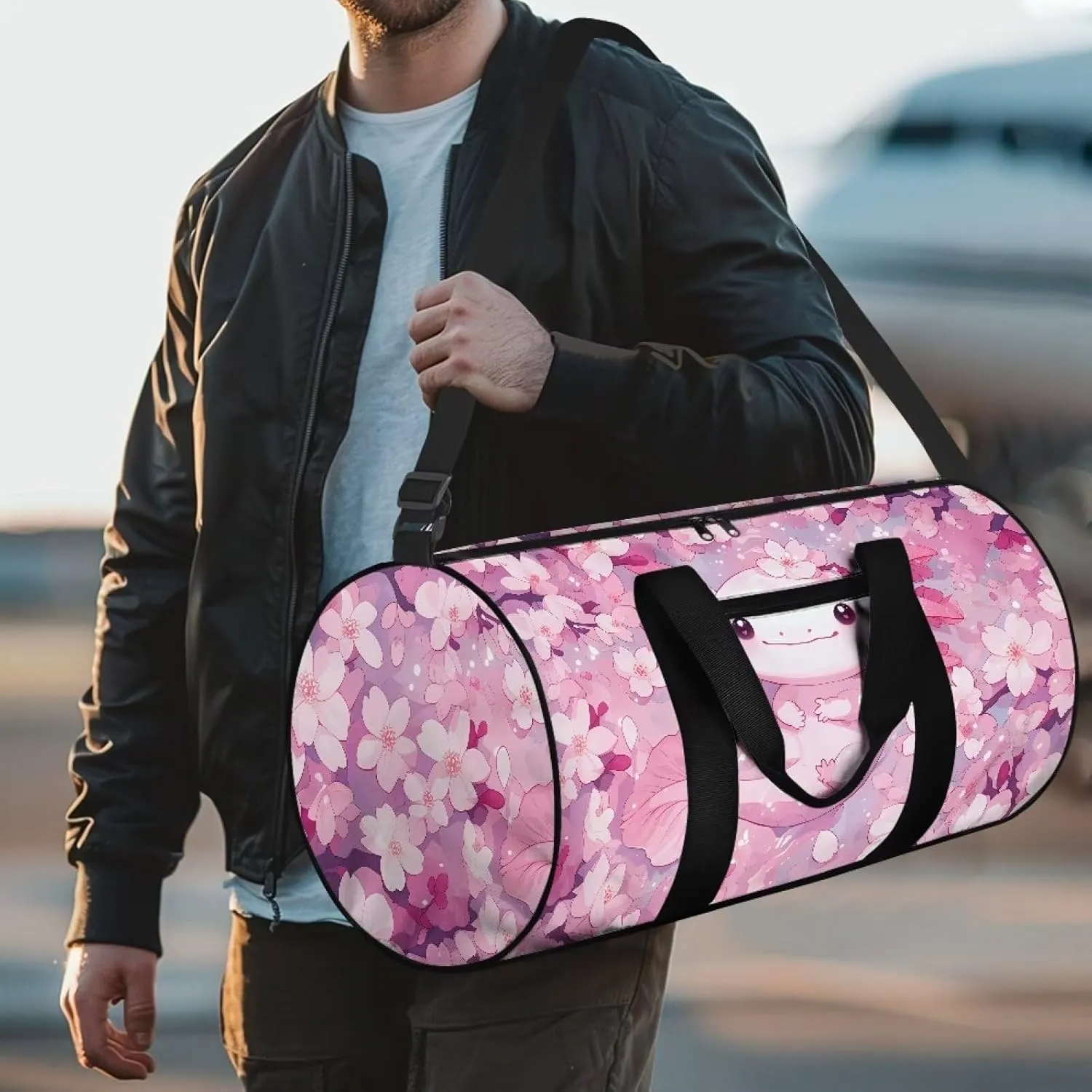 Axolotl Cherry Blossom Travel Duffel Bag Large Foldable Waterproof Overnight Bag for Beach Swim Bags Pool Sports Gym
