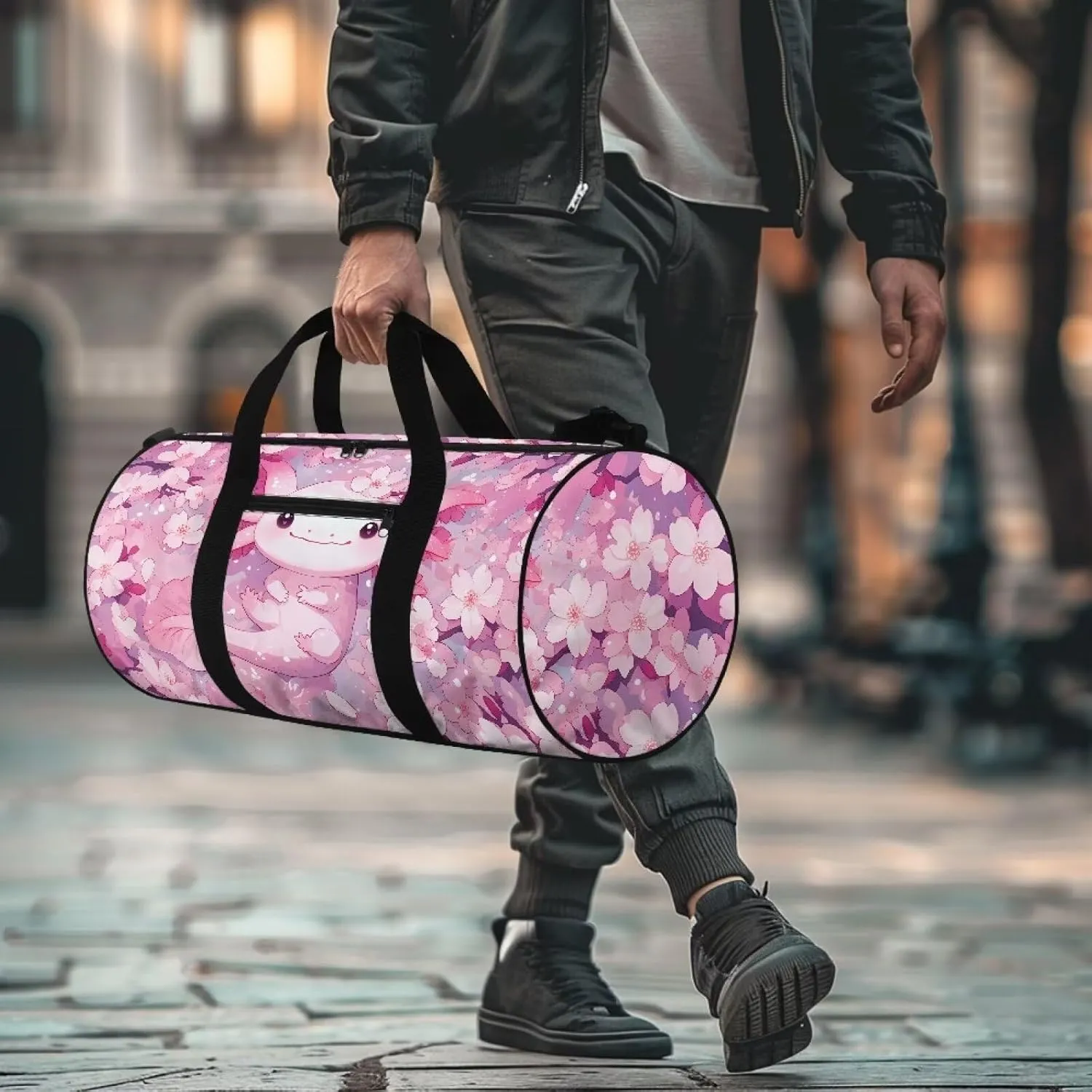 Axolotl Cherry Blossom Travel Duffel Bag Large Foldable Waterproof Overnight Bag for Beach Swim Bags Pool Sports Gym