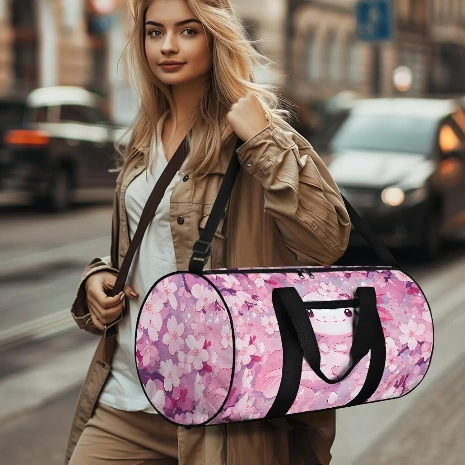 Axolotl Cherry Blossom Travel Duffel Bag Large Foldable Waterproof Overnight Bag for Beach Swim Bags Pool Sports Gym