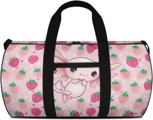 Axolotl Strawberry Travel Duffel Bag Large Foldable Waterproof Overnight Bag for Beach Swim Bags Pool Sports Gym