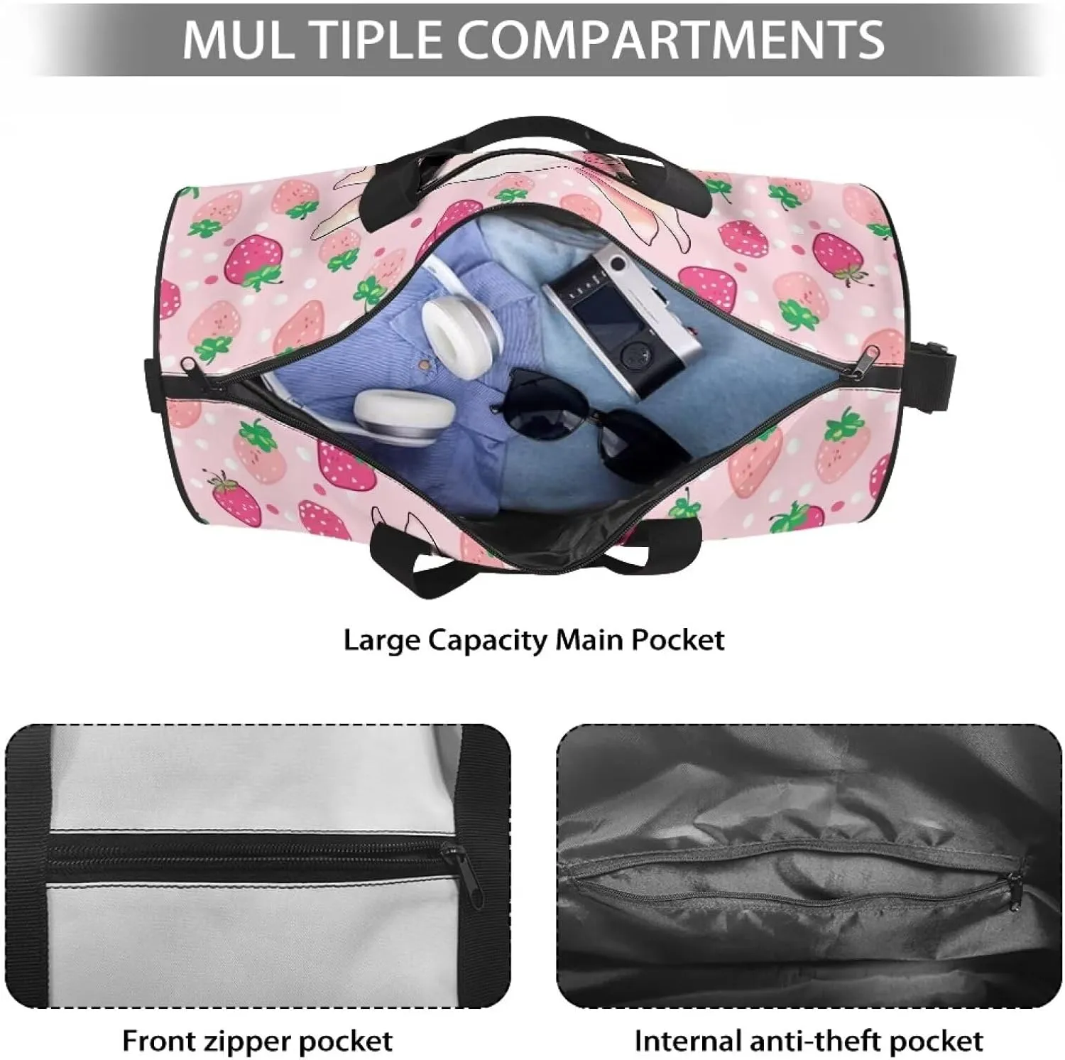 Axolotl Strawberry Travel Duffel Bag Large Foldable Waterproof Overnight Bag for Beach Swim Bags Pool Sports Gym