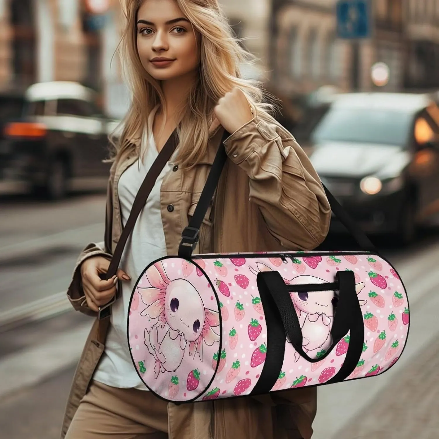 Axolotl Strawberry Travel Duffel Bag Large Foldable Waterproof Overnight Bag for Beach Swim Bags Pool Sports Gym
