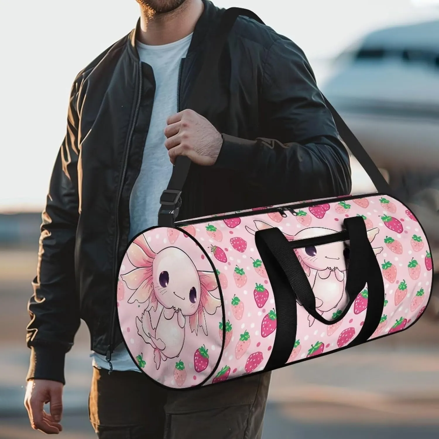 Axolotl Strawberry Travel Duffel Bag Large Foldable Waterproof Overnight Bag for Beach Swim Bags Pool Sports Gym