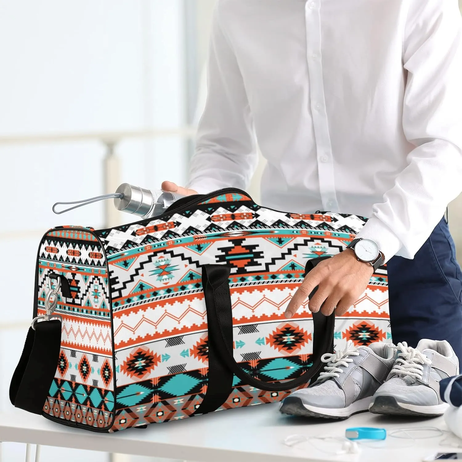 Aztec Western Travel Duffel Bag, Ethnic Aztec Geometric Sports Tote Gym Bag Foldable Western Aztec Weekender Bag Carry on Luggage Handle Bag Overnight Shoulder Bag for Women Men