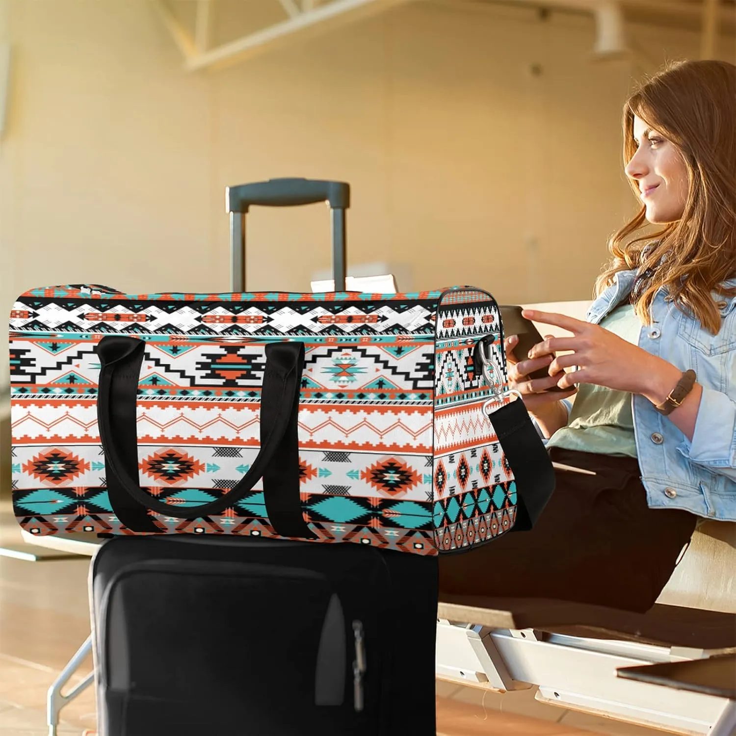 Aztec Western Travel Duffel Bag, Ethnic Aztec Geometric Sports Tote Gym Bag Foldable Western Aztec Weekender Bag Carry on Luggage Handle Bag Overnight Shoulder Bag for Women Men