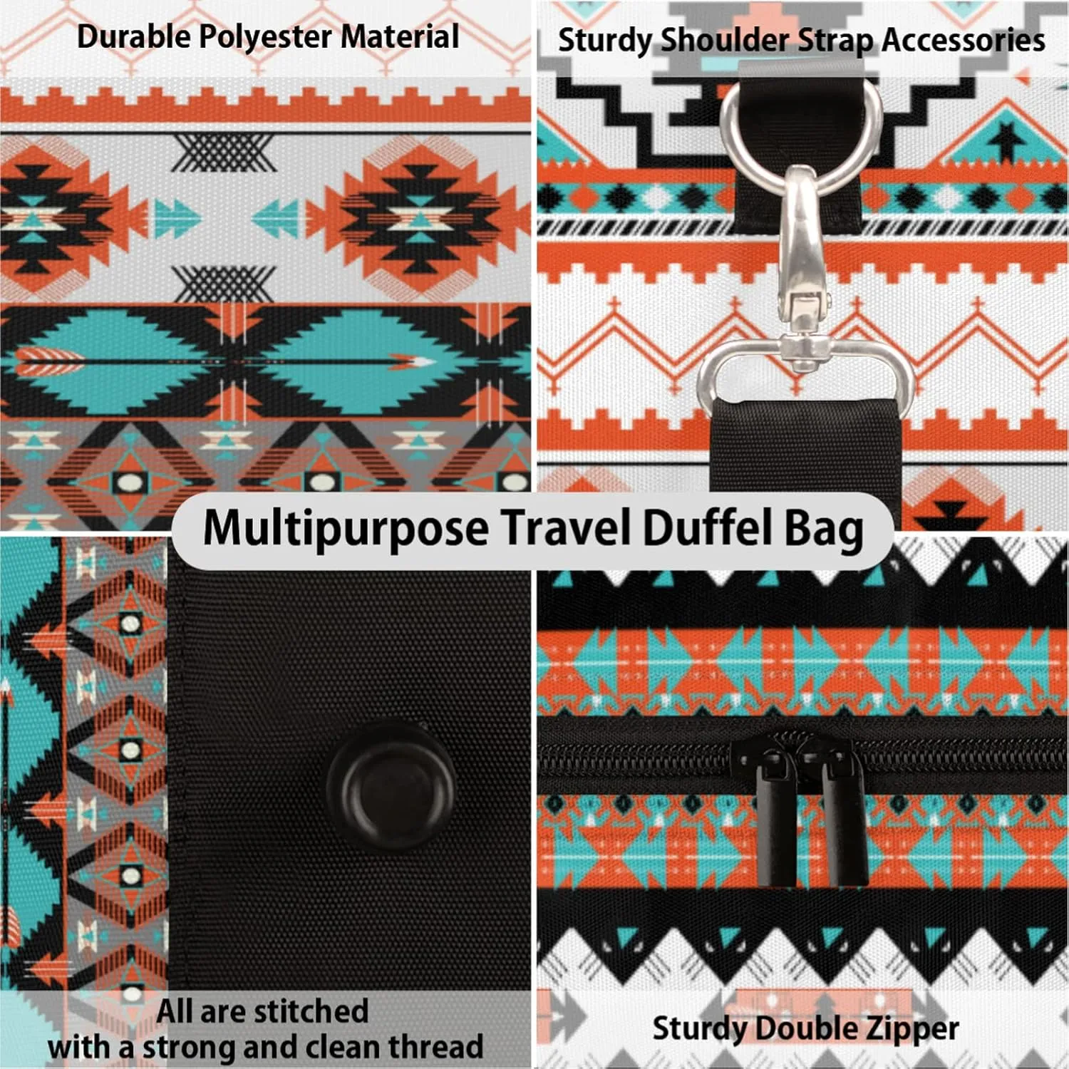 Aztec Western Travel Duffel Bag, Ethnic Aztec Geometric Sports Tote Gym Bag Foldable Western Aztec Weekender Bag Carry on Luggage Handle Bag Overnight Shoulder Bag for Women Men