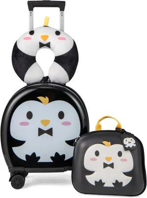 BABY JOY Kids Luggage Set, 4 Pieces 14" Hardshell Carry On Suitcase with Wheels, Backpack, Neck Pillow & Name Card for Easy Rolling Travel, Penguin (Black)