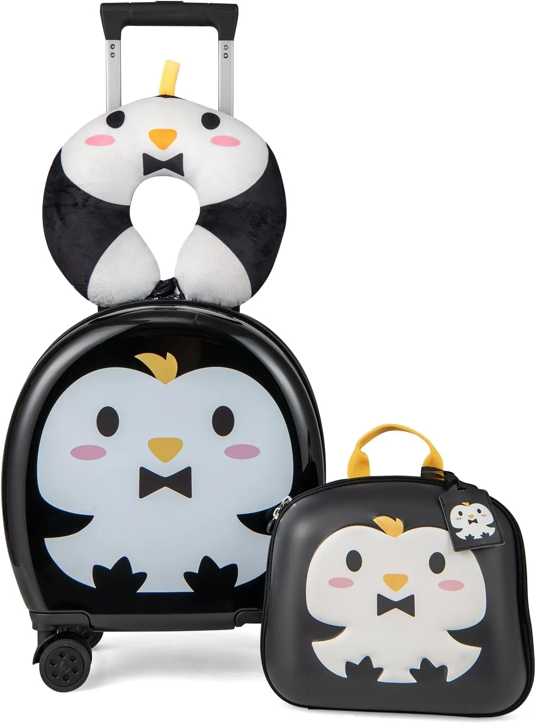 BABY JOY Kids Luggage Set, 4 Pieces 14" Hardshell Carry On Suitcase with Wheels, Backpack, Neck Pillow & Name Card for Easy Rolling Travel, Penguin (Black)