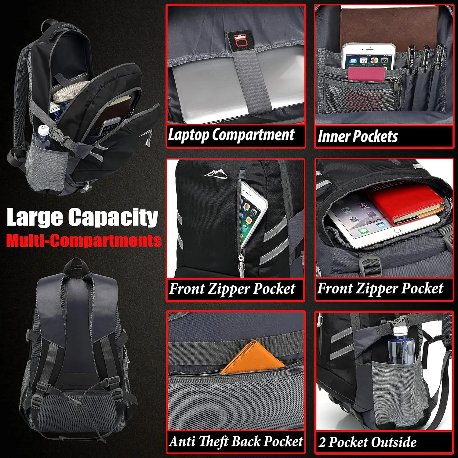 Backpack Bookbag for College Laptop Travel, Fit Laptop Up to 15.6 inch Multi Compartment with USB Charging Port Anti theft, Gift for Men Women (Black)