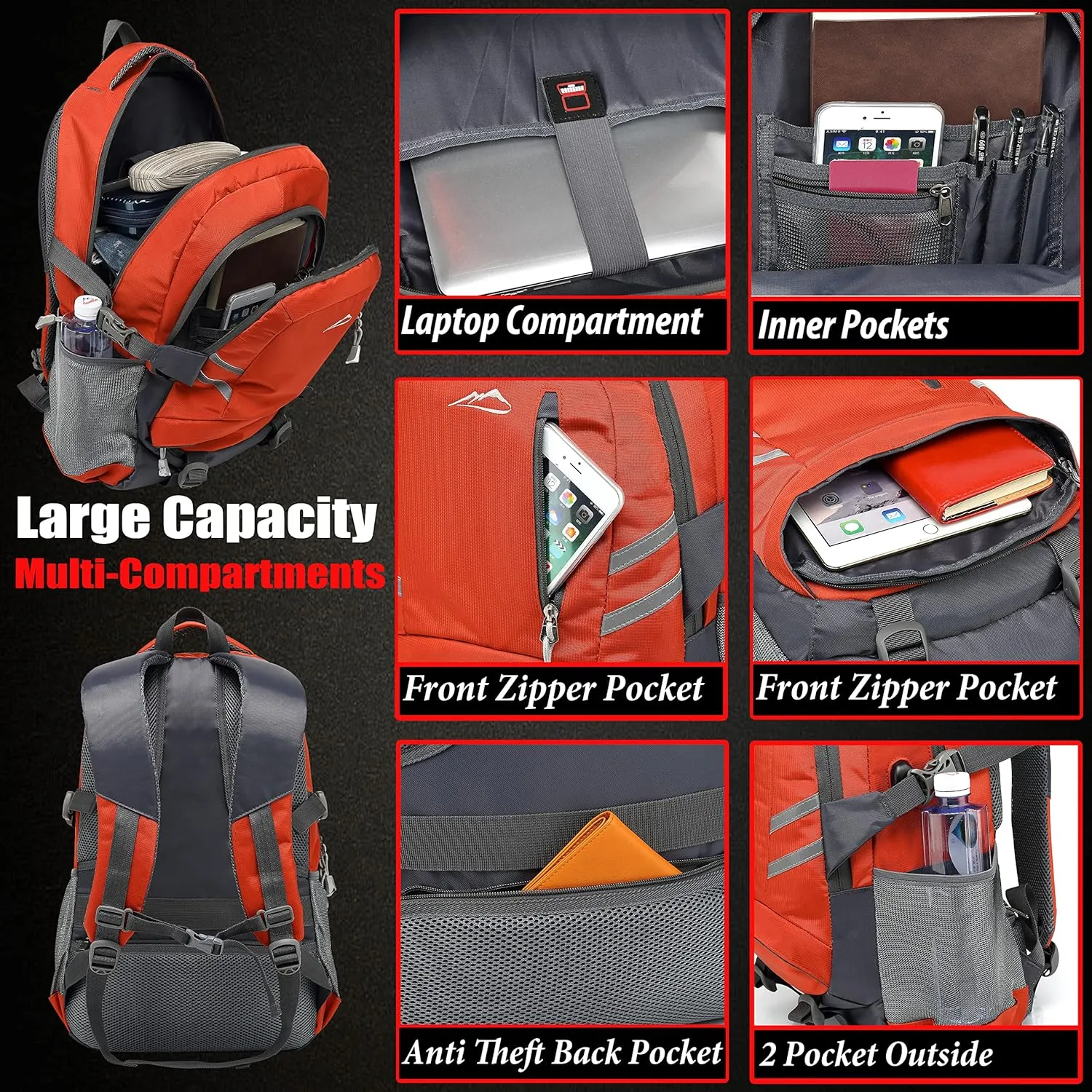 Backpack Bookbag for College Laptop Travel, Fit Laptop Up to 15.6 inch Multi Compartment with USB Charging Port Anti theft, Gift for Men Women (Orange)