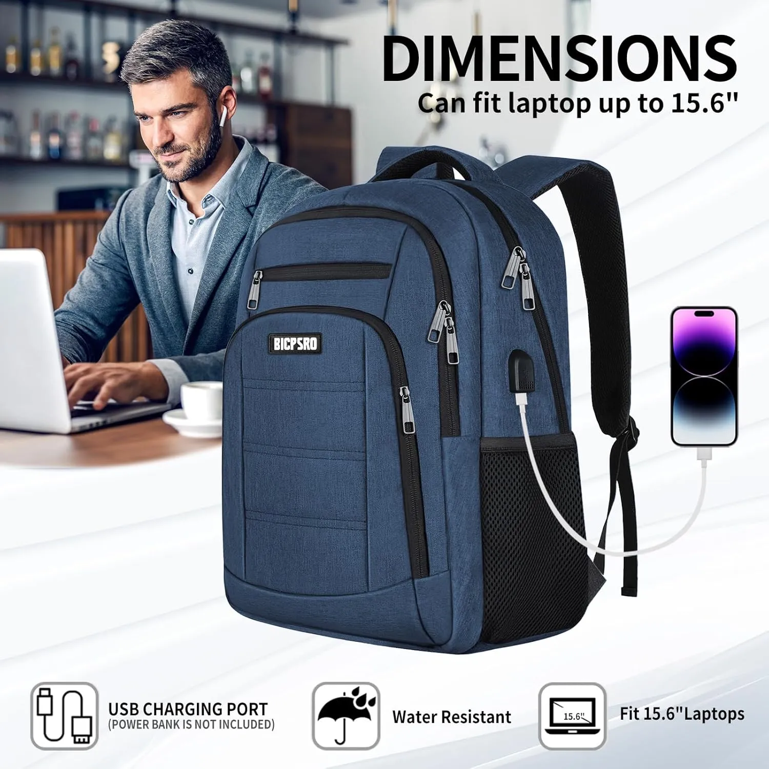 Backpack for Men Women, School Backpack for Teens Boys Girls, Work Business Backpack with USB Charging Port,Water Resistant College Computer Bookbag Fits 15.6 Inch Laptop,Back Pack,Mochilas Blue