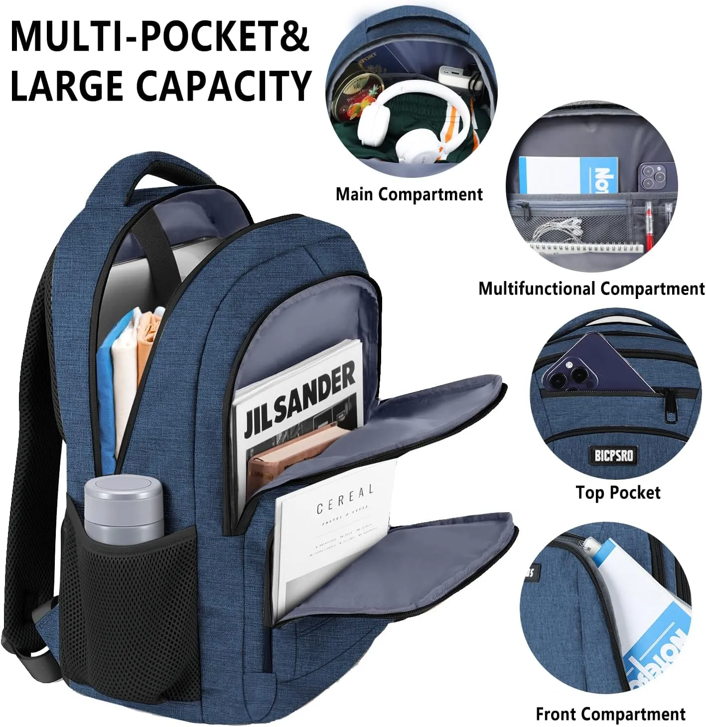 Backpack for Men Women, School Backpack for Teens Boys Girls, Work Business Backpack with USB Charging Port,Water Resistant College Computer Bookbag Fits 15.6 Inch Laptop,Back Pack,Mochilas Blue
