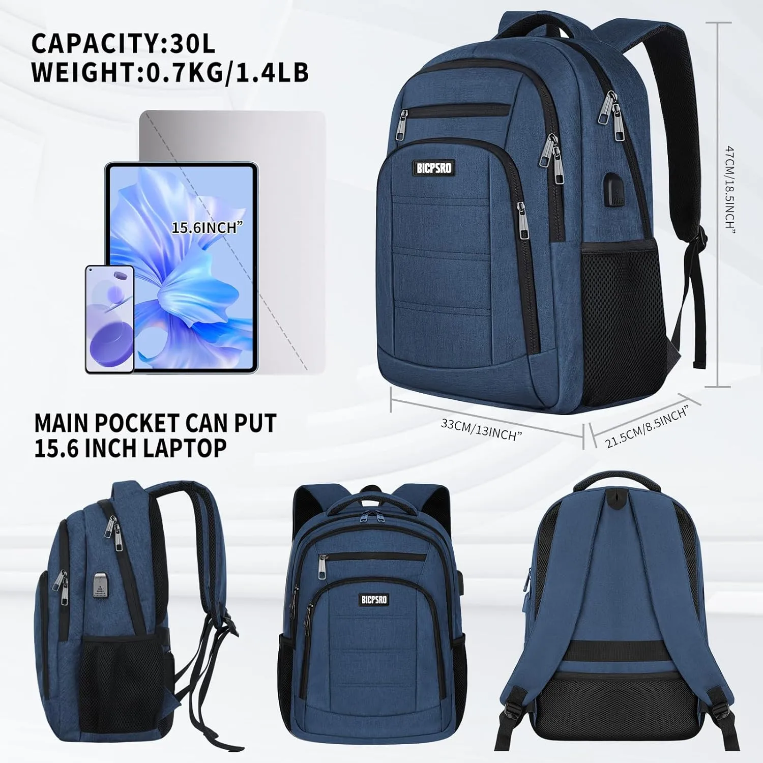 Backpack for Men Women, School Backpack for Teens Boys Girls, Work Business Backpack with USB Charging Port,Water Resistant College Computer Bookbag Fits 15.6 Inch Laptop,Back Pack,Mochilas Blue