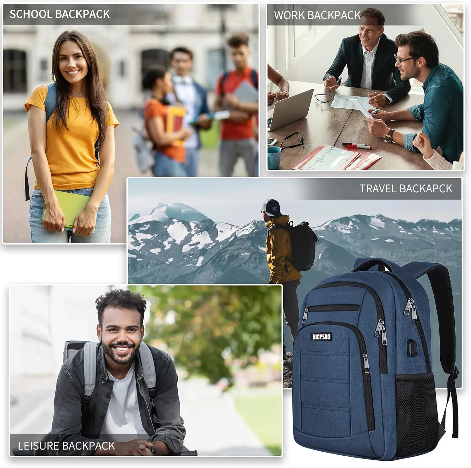 Backpack for Men Women, School Backpack for Teens Boys Girls, Work Business Backpack with USB Charging Port,Water Resistant College Computer Bookbag Fits 15.6 Inch Laptop,Back Pack,Mochilas Blue