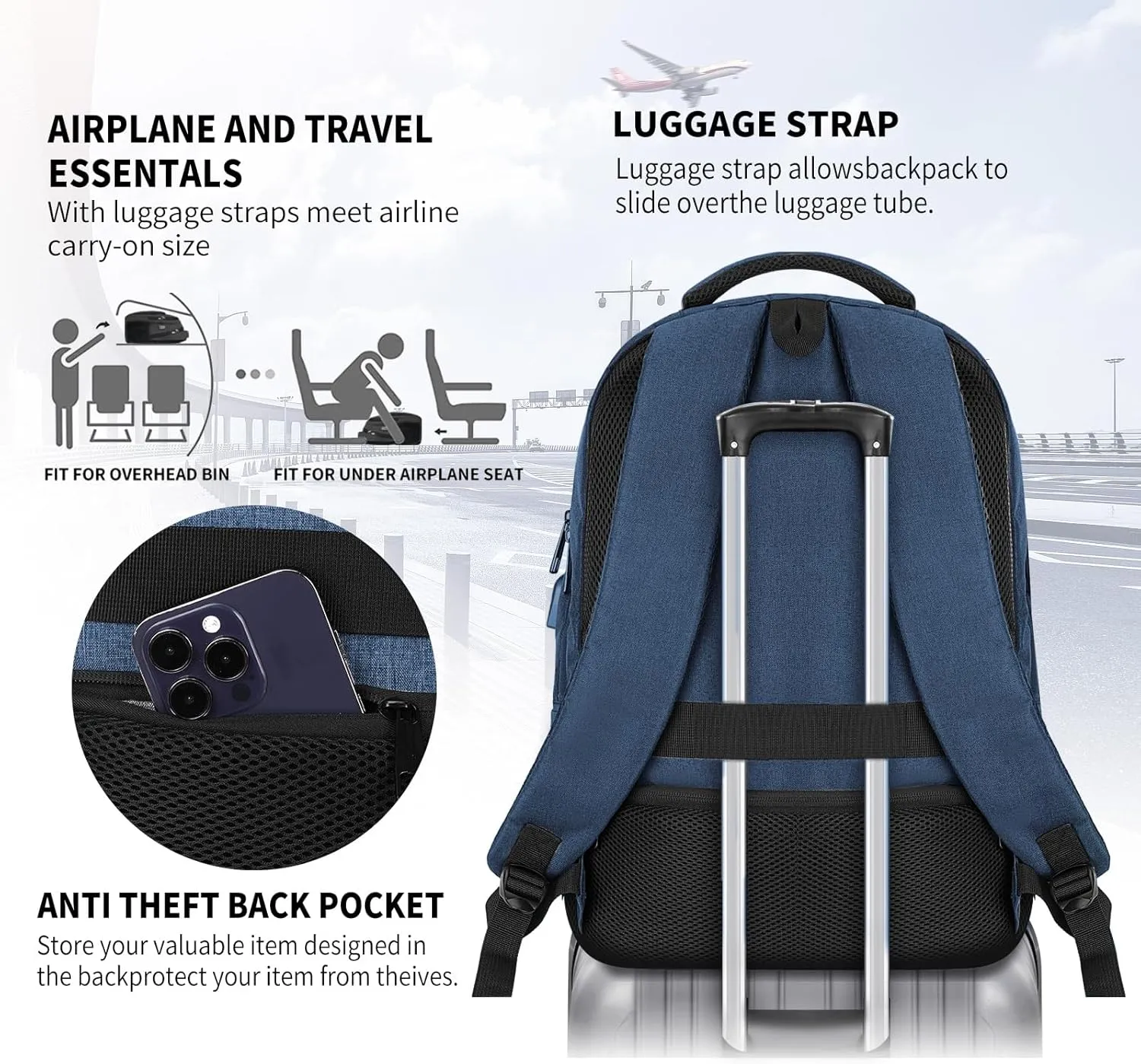 Backpack for Men Women, School Backpack for Teens Boys Girls, Work Business Backpack with USB Charging Port,Water Resistant College Computer Bookbag Fits 15.6 Inch Laptop,Back Pack,Mochilas Blue