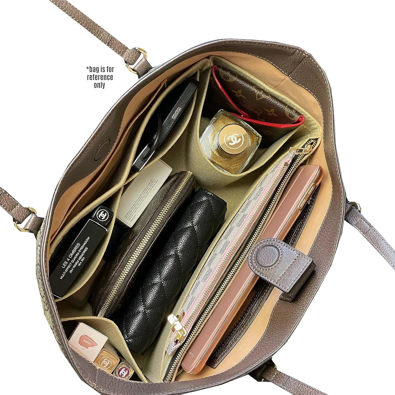Bag Organizer fits Ophidia Medium Tote Bag Organizer, Ophidia Large Tote Bag Organizer, Handmade 2mm Premium Felt Insert with Gold Zipper Snug Sturdy Fit (For Ophidia Large Size, Beige)