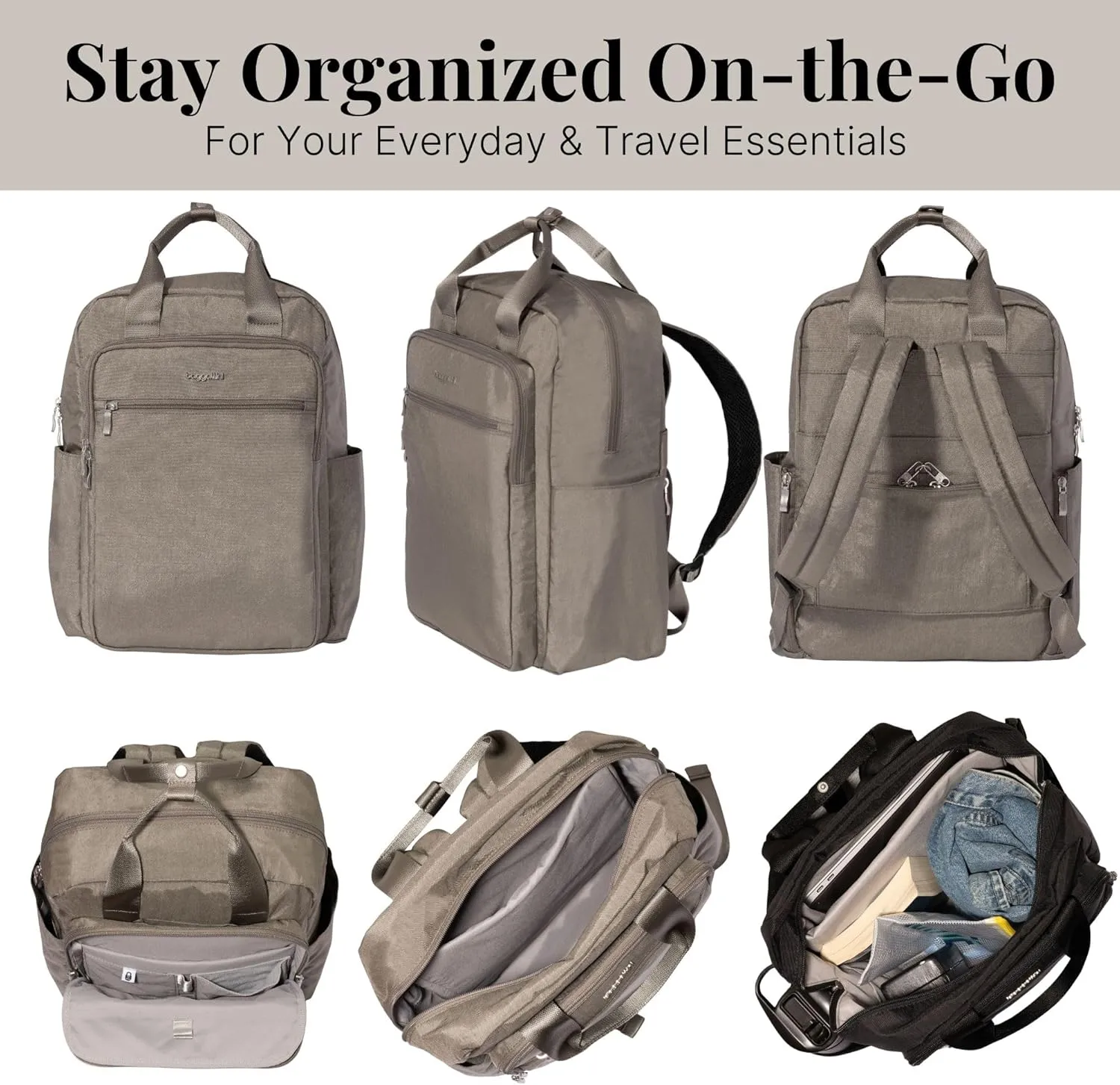Baggallini Commuter Laptop Lightweight 15x11 Travel Backpack W/RFID & Luggage Sleeve