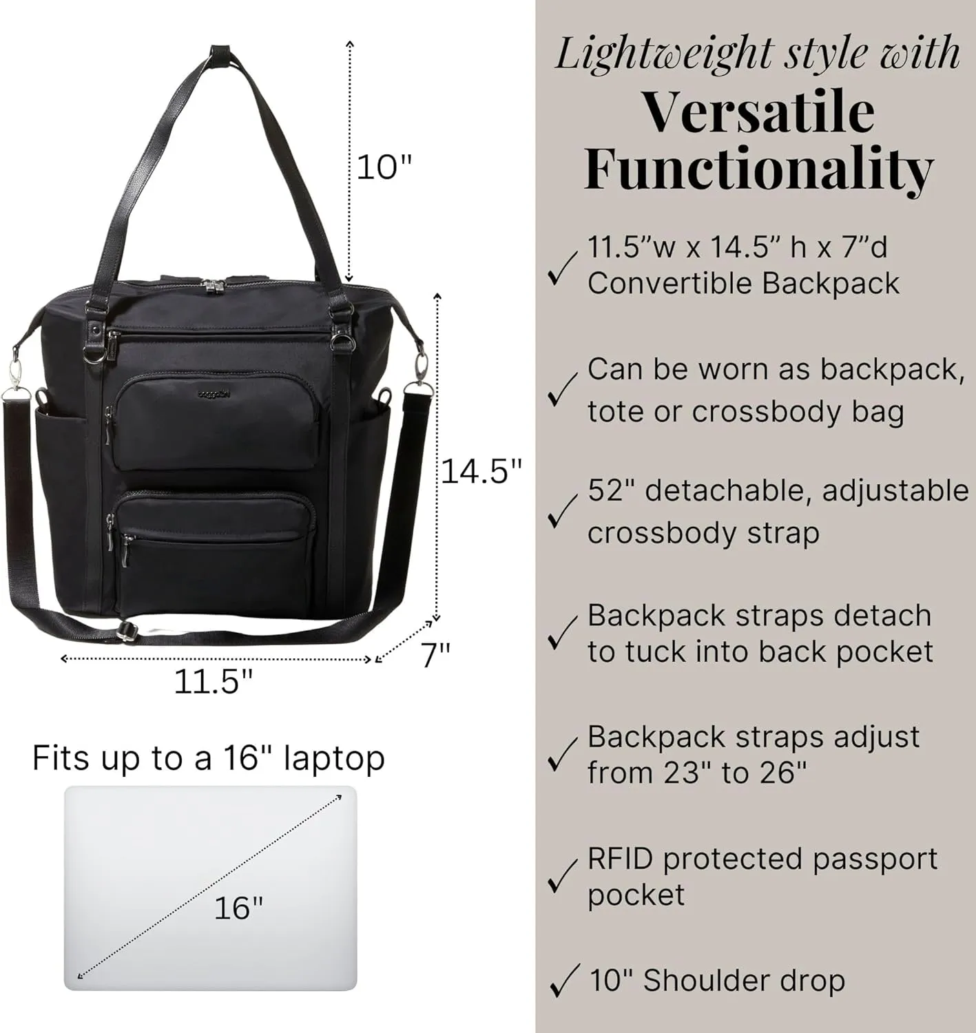 Baggallini Nolita Convertible Backpack - 14x11 Inch Travel Backpack with 16 Inch Laptop Sleeve - Lightweight Luggage Backpack