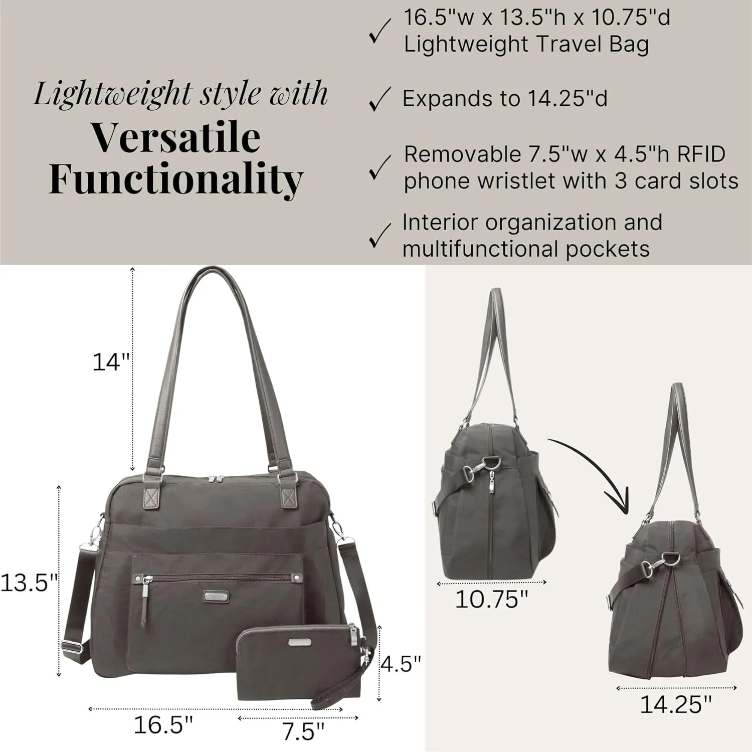 Baggallini Overnight Expandable Laptop Tote - Lightweight Travel Bag for Women