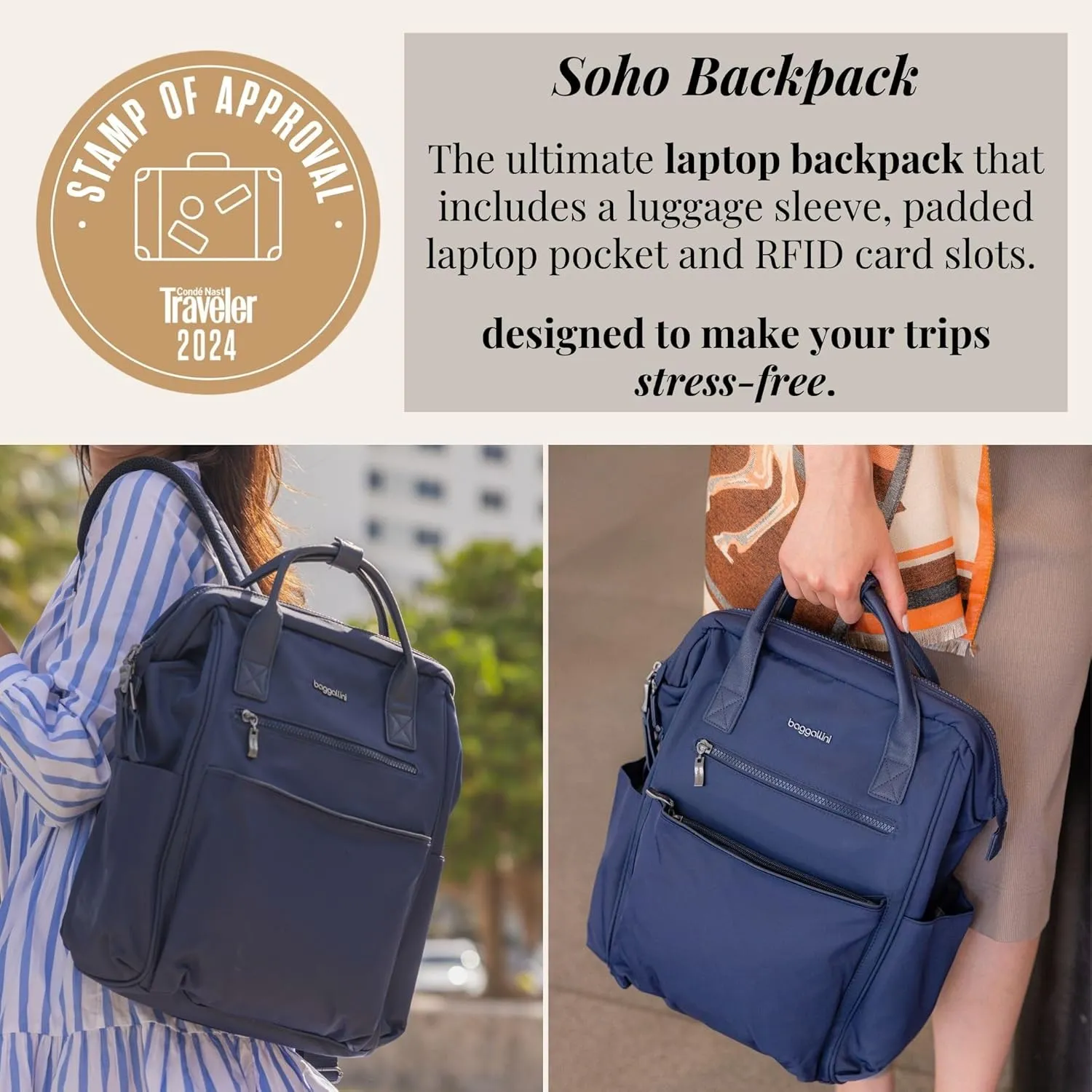 Baggallini Soho Backpack - Travel Laptop Backpack for Women - Lightweight Water-Resistant Luggage Bag, Smoke