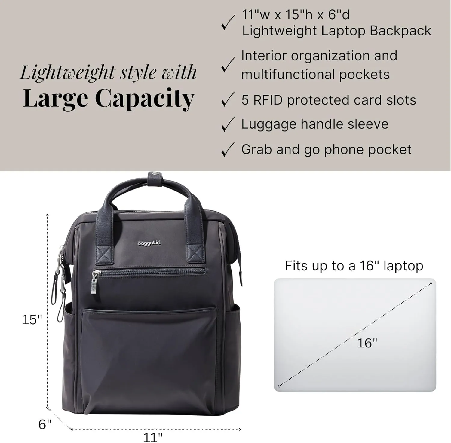 Baggallini Soho Backpack - Travel Laptop Backpack for Women - Lightweight Water-Resistant Luggage Bag, Smoke