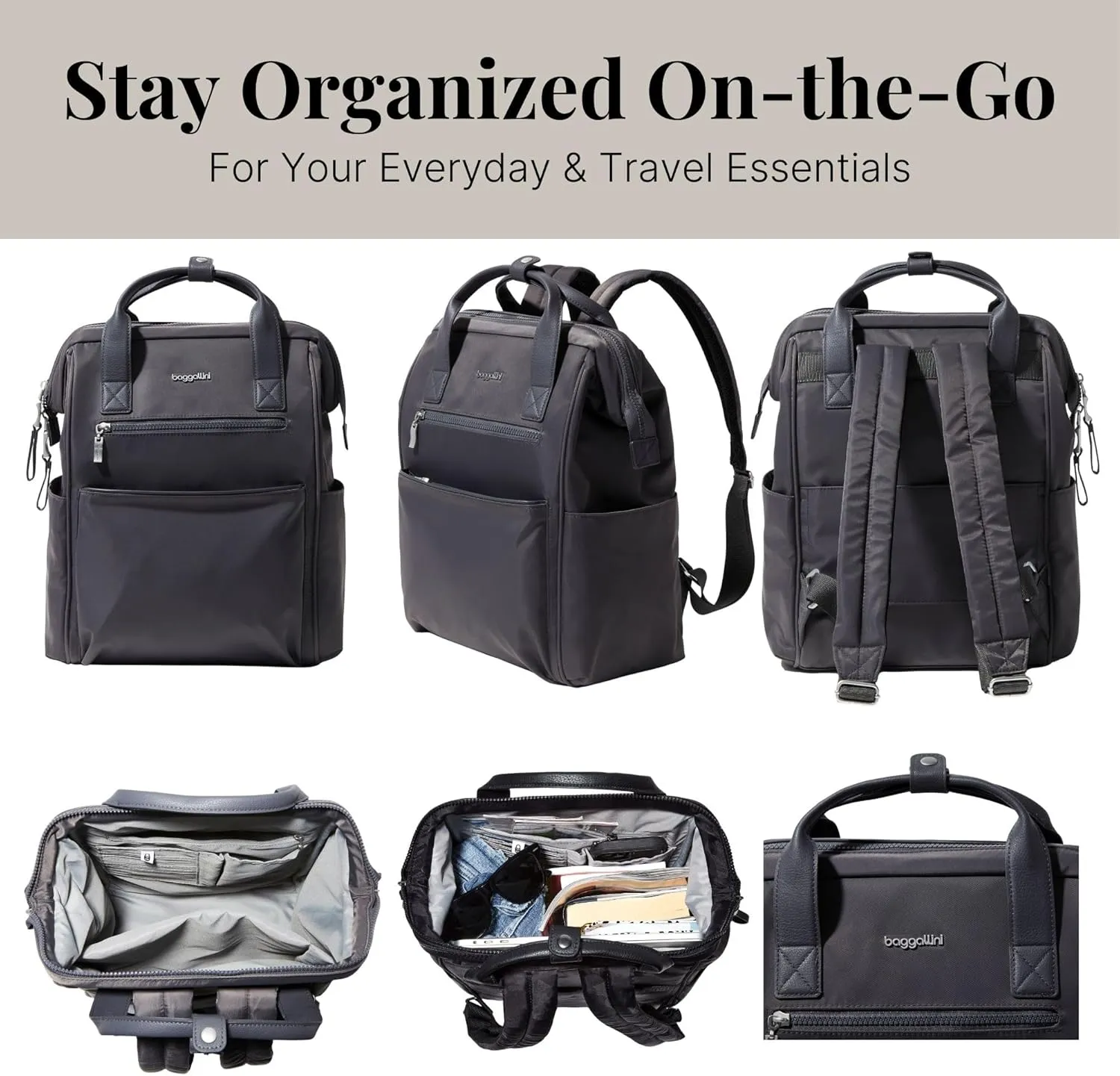 Baggallini Soho Backpack - Travel Laptop Backpack for Women - Lightweight Water-Resistant Luggage Bag, Smoke