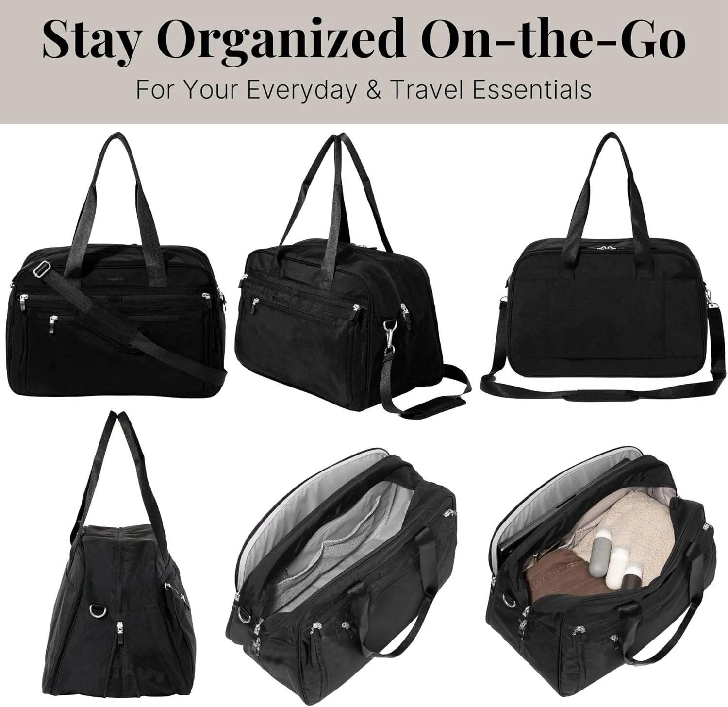 Baggallini Weekender Expandable Duffel - Lightweight 11x17 Inch Overnight Travel Bag