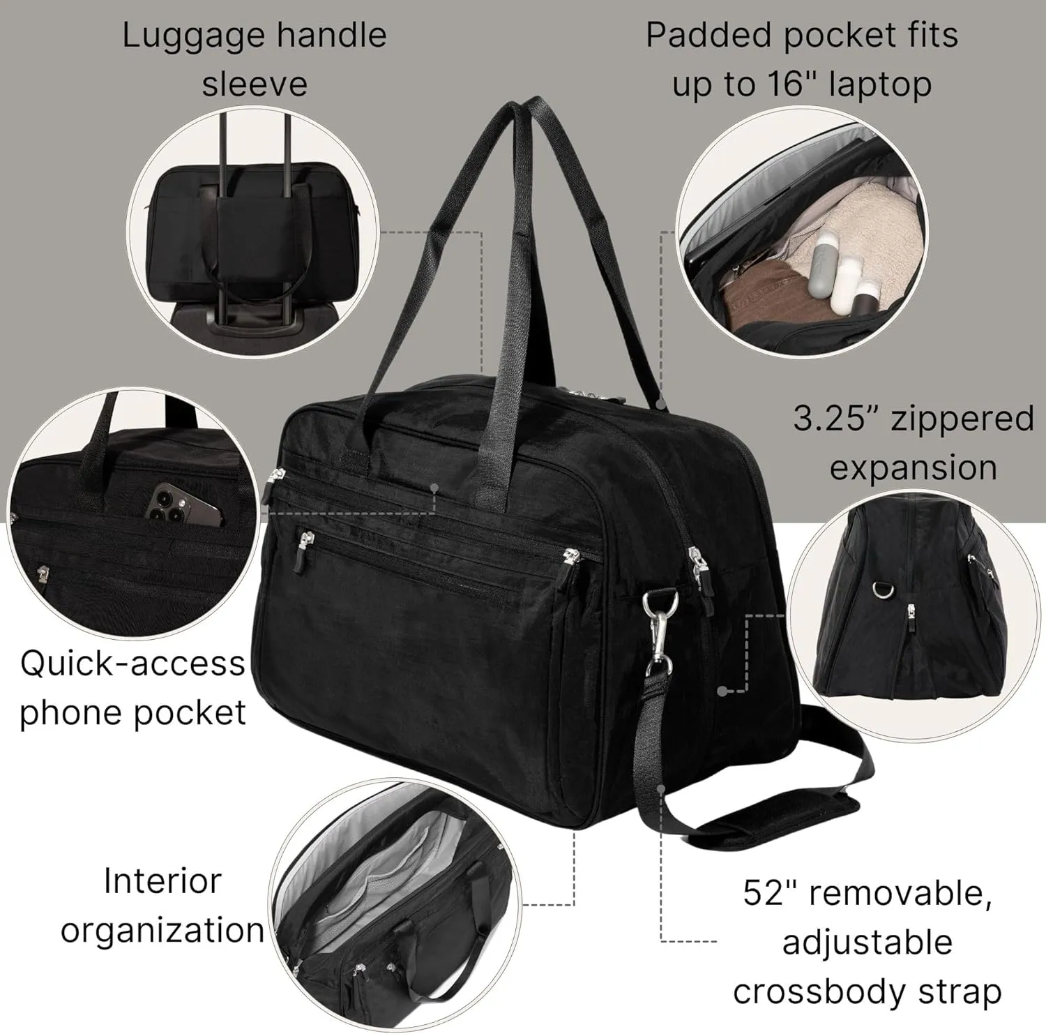 Baggallini Weekender Expandable Duffel - Lightweight 11x17 Inch Overnight Travel Bag