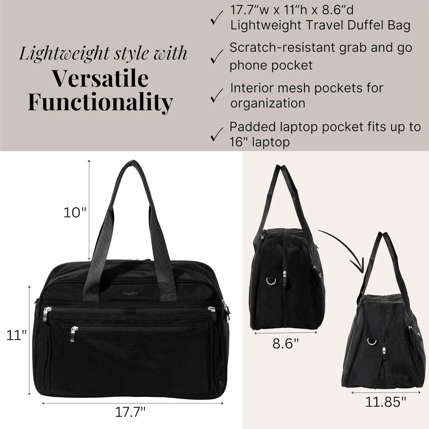 Baggallini Weekender Expandable Duffel - Lightweight 11x17 Inch Overnight Travel Bag