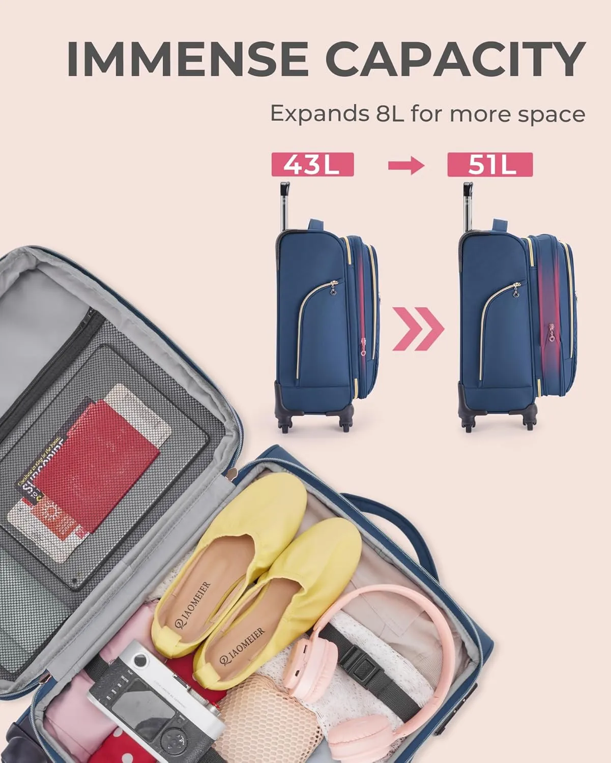 BAGSMART 20 Inch Carry On Suitcase with Expandable Capacity, Lightweight, TSA Lock, Dark Blue, Polyester