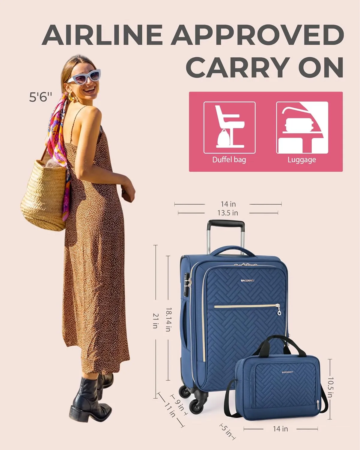 BAGSMART 20 Inch Carry On Suitcase with Expandable Capacity, Lightweight, TSA Lock, Dark Blue, Polyester