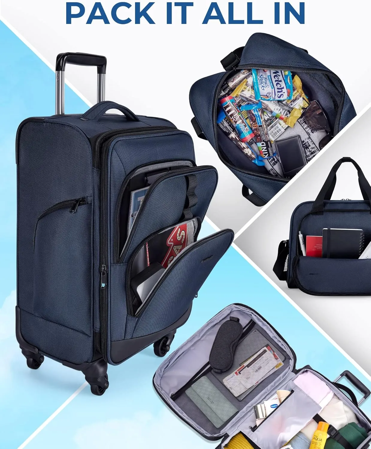 BAGSMART Expandable 20 inch Carry on Luggage Airline Approved, Lightweight Carry on Suitcase with Spinner Wheels, Family Travel Suitcase with Duffle Bag - Dark Blue