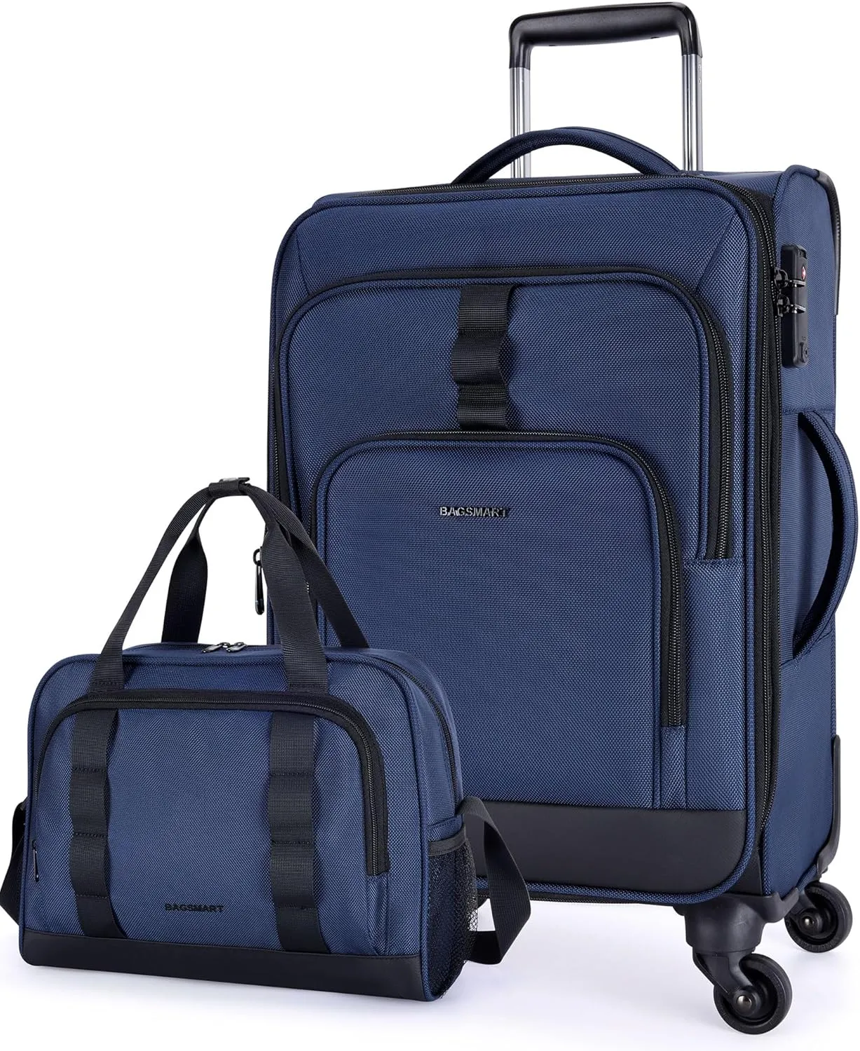 BAGSMART Expandable 20 inch Carry on Luggage Airline Approved, Lightweight Carry on Suitcase with Spinner Wheels, Family Travel Suitcase with Duffle Bag - Dark Blue