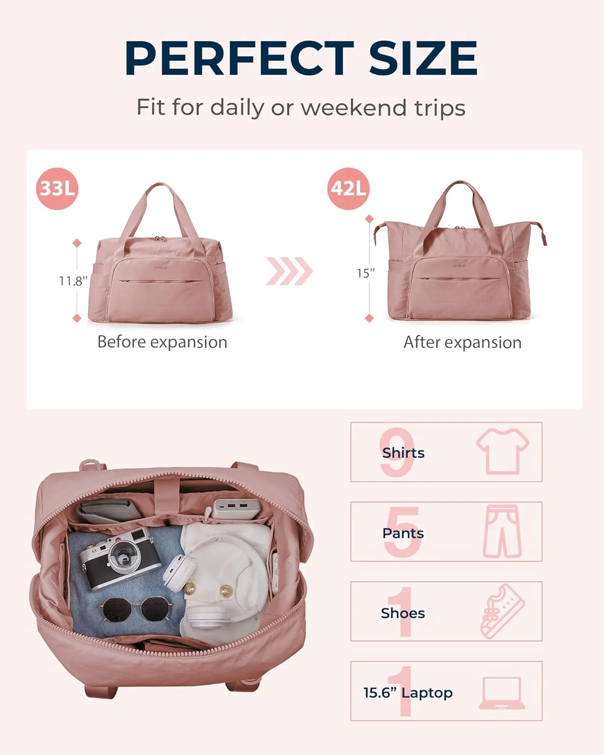 BAGSMART Travel Duffle Bag, Weekender Bags for Women Large Carry on Overnight Bag, Gym Bag with Trolley Sleeve, Personal Item Travel Bag Workout Dance Bag, Dark Pink