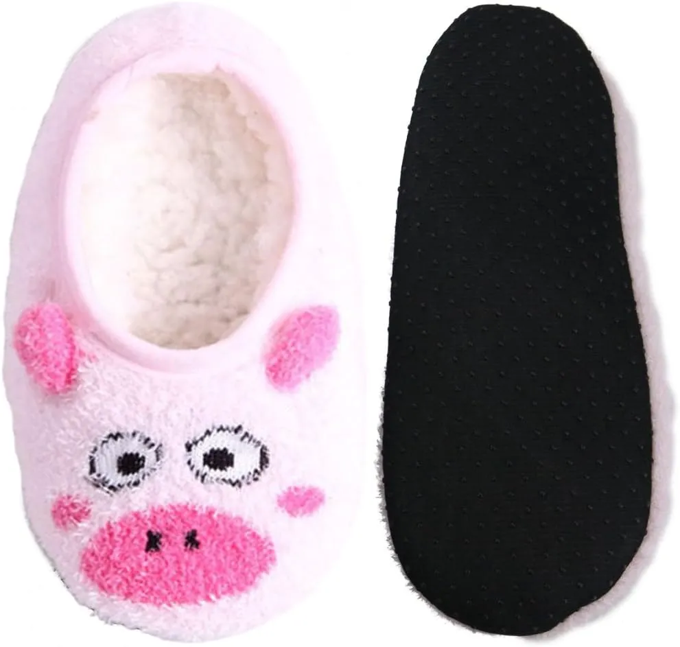 BambooMN Kid/Youth Warm Microfiber Travel Animal Cozy Fuzzy Slippers Non-Slip Lined Socks/Shoes, 3 Pairs