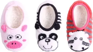 BambooMN Kid/Youth Warm Microfiber Travel Animal Cozy Fuzzy Slippers Non-Slip Lined Socks/Shoes, 3 Pairs