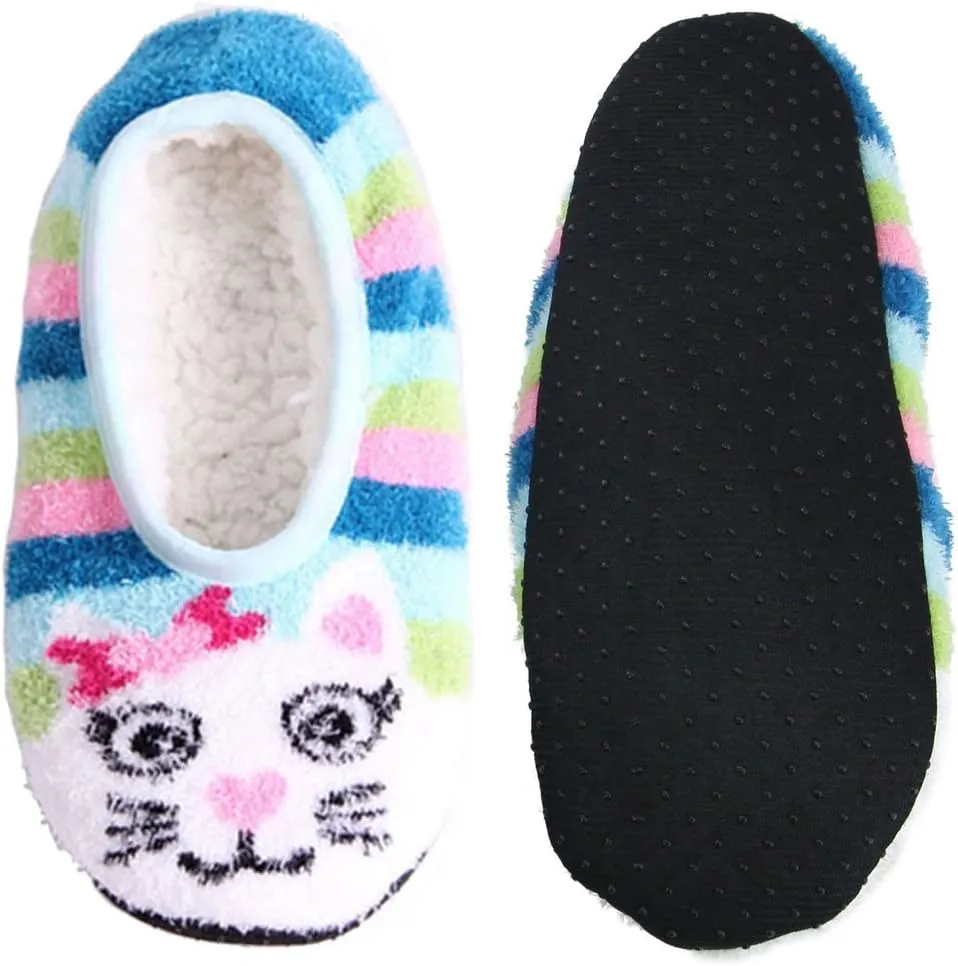 BambooMN Kid/Youth Warm Microfiber Travel Animal Cozy Fuzzy Slippers Non-Slip Lined Socks/Shoes, 3 Pairs
