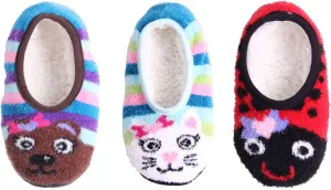 BambooMN Kid/Youth Warm Microfiber Travel Animal Cozy Fuzzy Slippers Non-Slip Lined Socks/Shoes, 3 Pairs