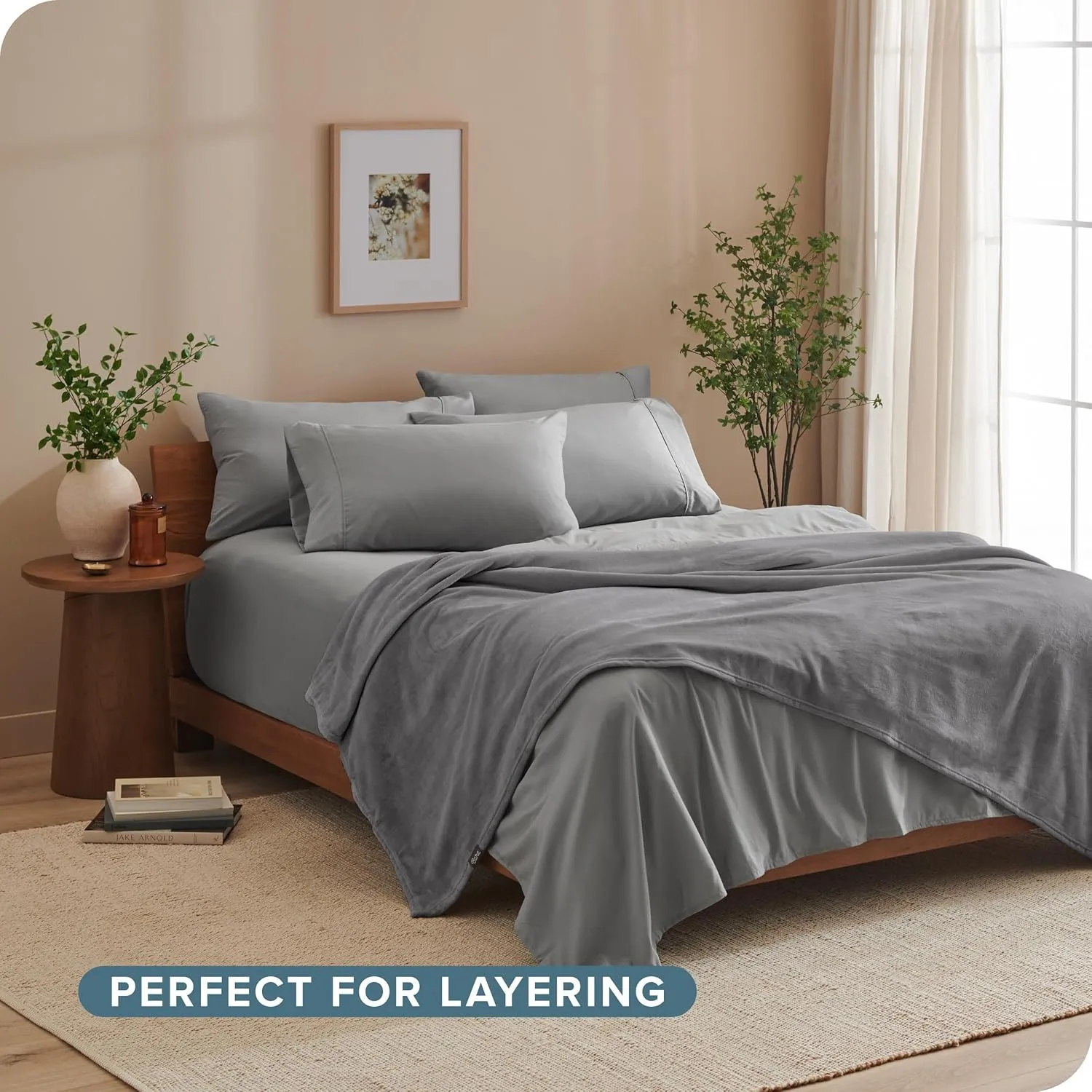 Bare Home Fleece Microplush Blanket - Extra Long - Lightweight Throw for Bed, Sofa, Couch, Movie Night, Camping, and Travel - Cabin Blanket (Twin/Twin XL, Grey)