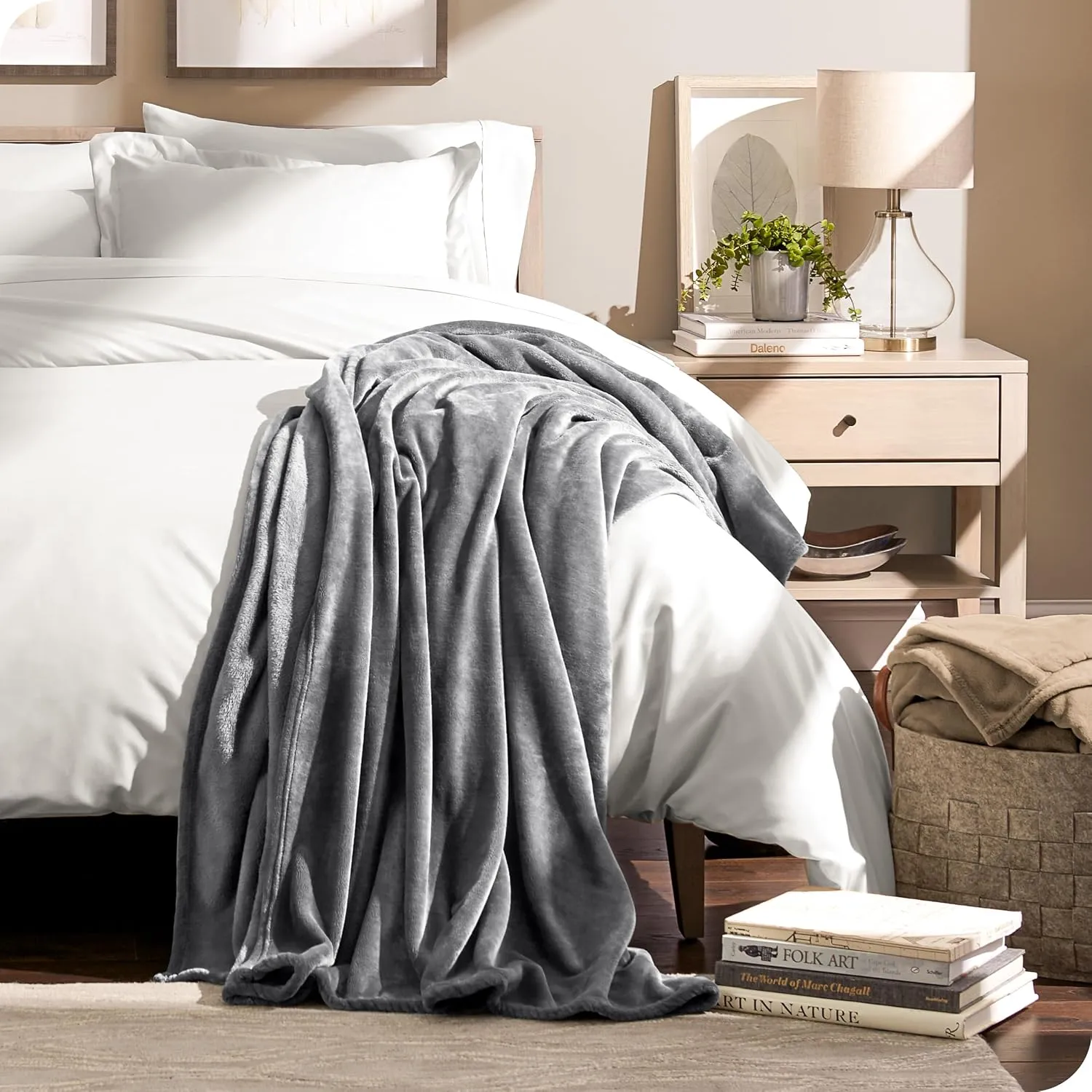 Bare Home Fleece Microplush Blanket - Extra Long - Lightweight Throw for Bed, Sofa, Couch, Movie Night, Camping, and Travel - Cabin Blanket (Twin/Twin XL, Grey)